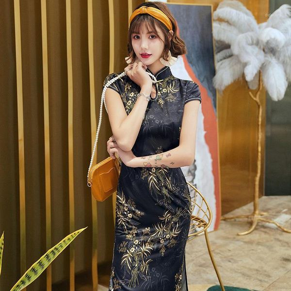 

satin chinese traditional dresses for women qipao short vintage short sleeve cheongsams chinese female qipao1, Red