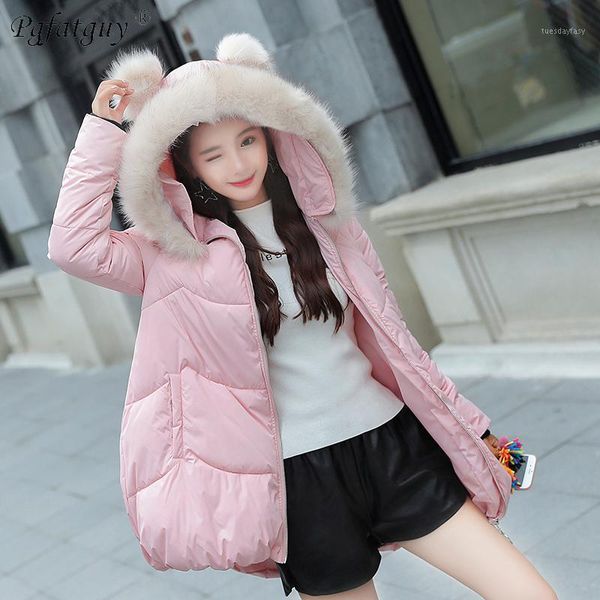 

women's down & parkas 2021 winter jacket women pink thicken coats female fashion warm outwear cotton-padded cat ears hooded long parkas, Black