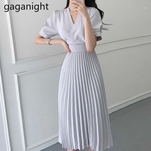 

gaganight women pleated elegant long dress office lady plus size bodycon shirt dresses fashion summer korean vestidos a line1, Black;gray