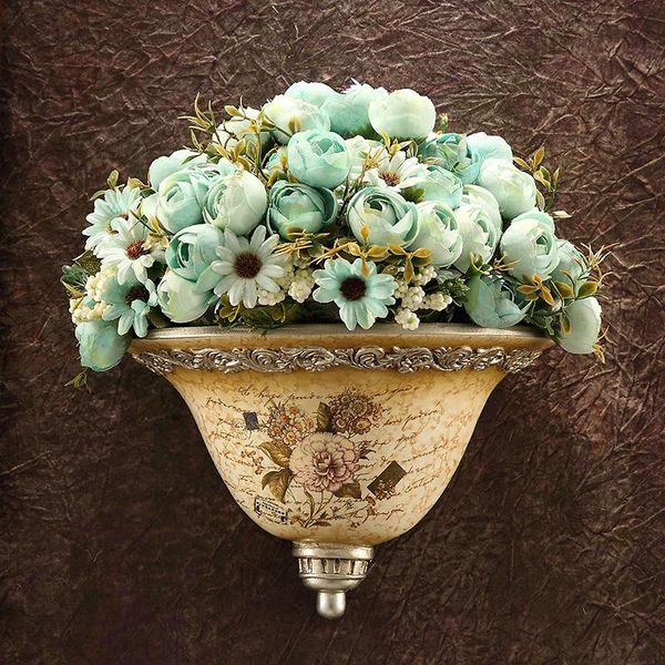 

6 bouquet rose artificial flowers and 1 pcs wall flower vase home wall hanging vases decoration modern wedding party decor