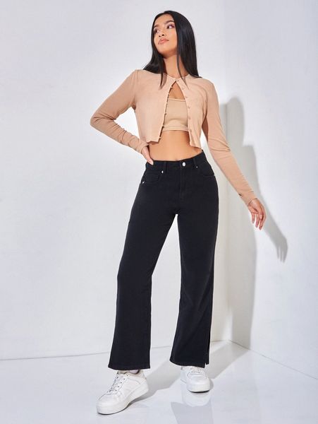 

petite high waist straight leg slit hem jeans w0v1#, Blue