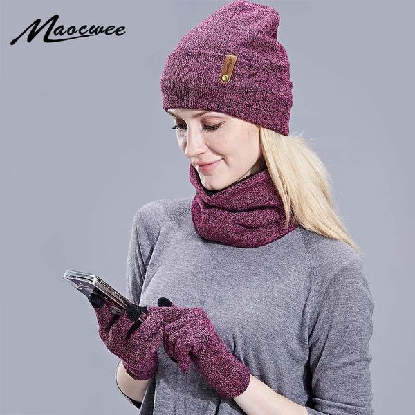 

new knitted winter hat scarf gloves set women thick touch screen glove beanies ring scarf female for girls gift, Blue;gray