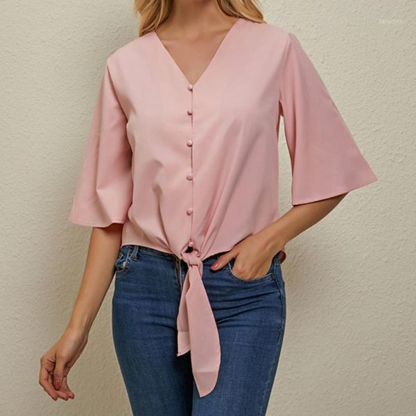 

women's chiffon blouse fashion mid-sleeved v-neck button office ladies casual solid blouse1, White