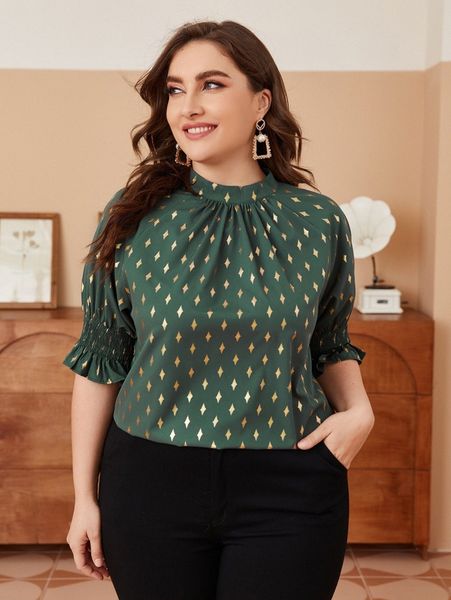 

plus golden four-pointed star print shirred cuff blouse n820#, Black