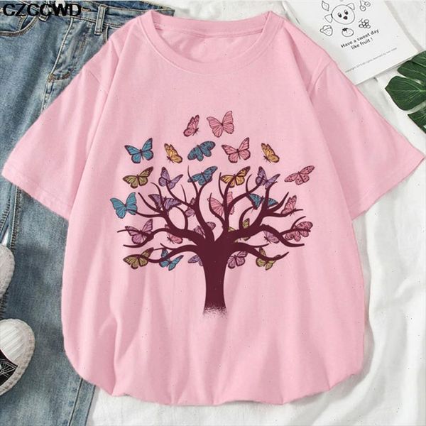 

pink plus size t shirt women summer beautiful butterfly tree print casual t shirt harajuku streetwear vogue tshirt drop ship, White