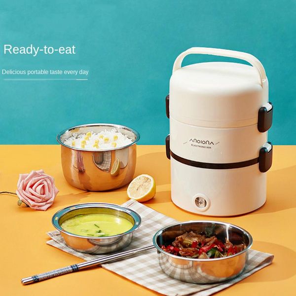 

electric skillets mini rice cooker stainless steel 3 layers steamer portable meal thermal heating lunch box container warmer