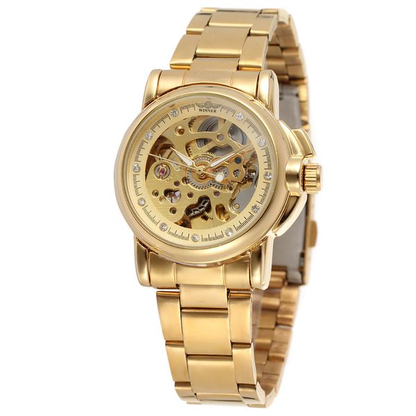 

luxury gold women automatic mechanical watches women fashion stainless steel clock ladies crystal hollow skeleton watch saati 201118, Slivery;brown