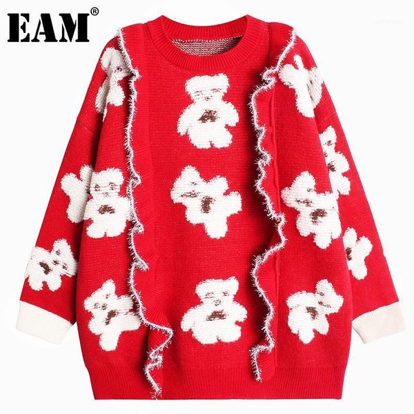 

eam] red pattern knitting sweater loose fit round neck long sleeve women pullovers new fashion tide autumn winter 2020 1dd24531, White;black