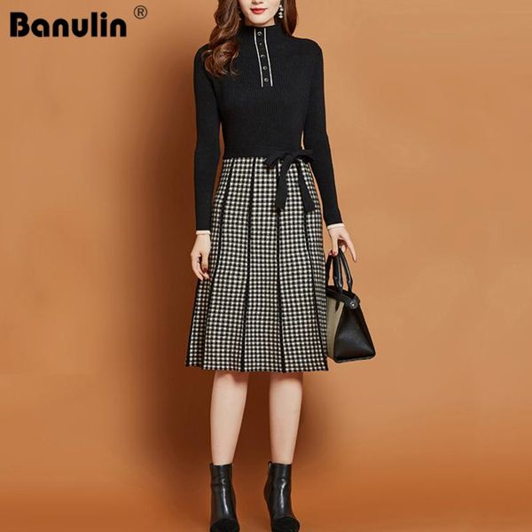 

women's sweaters 2021 spring knitted plaid women dress long sleeve stand collar buttons sashes fashion korean office midi dresses vesti, White;black