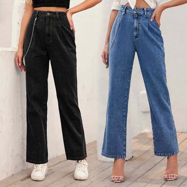 

30161# women's ins fashion high waist chain straight jeans pants autumn and winter, Blue