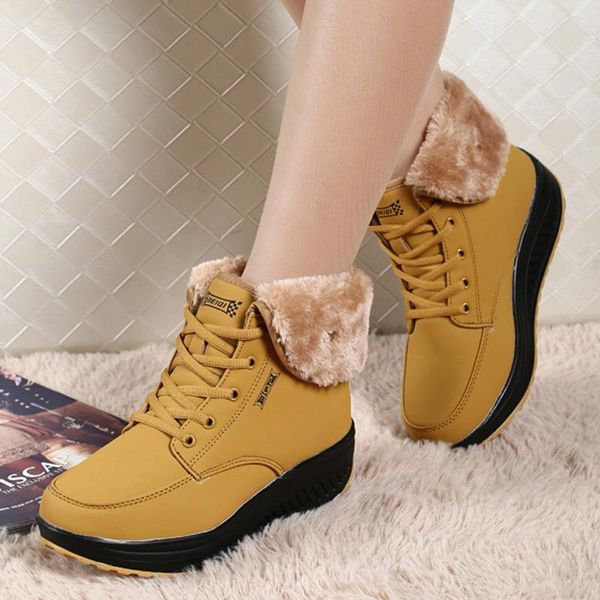 

2020 lace-up plaform shoes women winter ankle boots warm fur & plush solid wedges shoes woman fashion snow boots women, Black