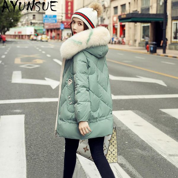 

ayunsue winter duck down jacket women hooded fur collar fashion woman parkas coat female women's clothing ropa, Black