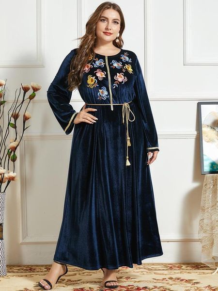 

velvet embroidery maxi dress for women fall winter 2021 plus size o neck long sleeve arabic muslim turkey clothes navy1, Black;gray
