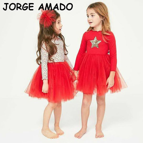 Vestido de Natal Menina 2020 Outono Nova Menina Vestidos Lantejoulas Estrela Leopardo Vermelho Manga Longa Princesa Dress Kid Roupas LJ200923