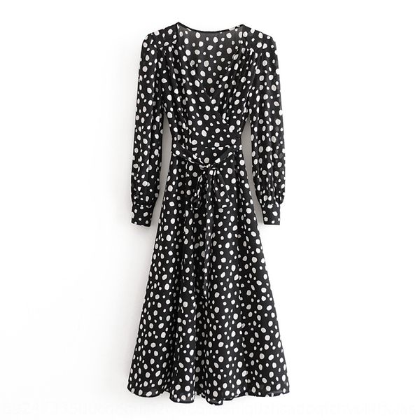 

m2847 dress women's fashion 2020 summer new v-neck wrap lace up polka dot long sleeve dress fjuxx, Black;gray
