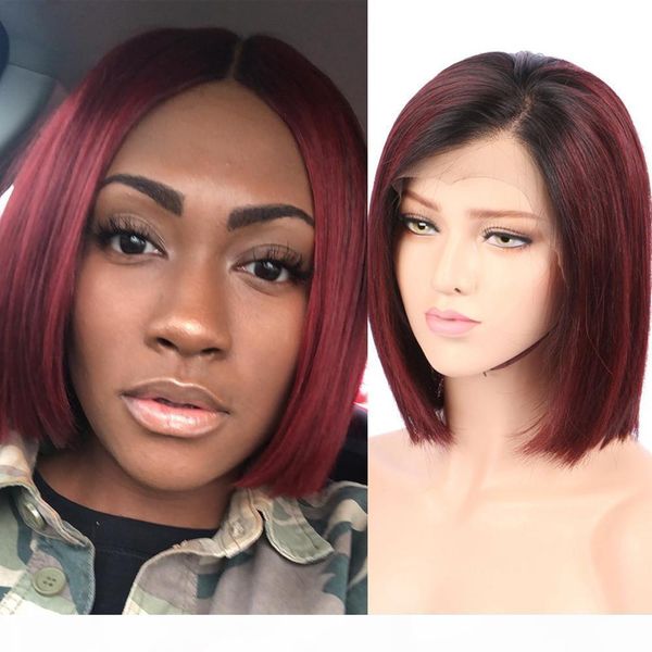 

t1b 99j#ombre color straight 4x4 lace closure short bob human hair wig short 8inch to 14inch brazilian human hair wig, Black;brown