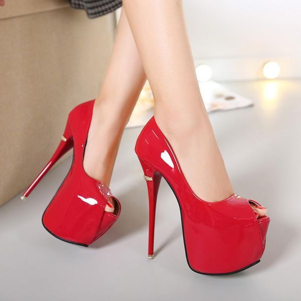 

fashion shoes women platform high heels 16cm female pumps peep toe leather red wedding shoes ladies singles car models1, Black
