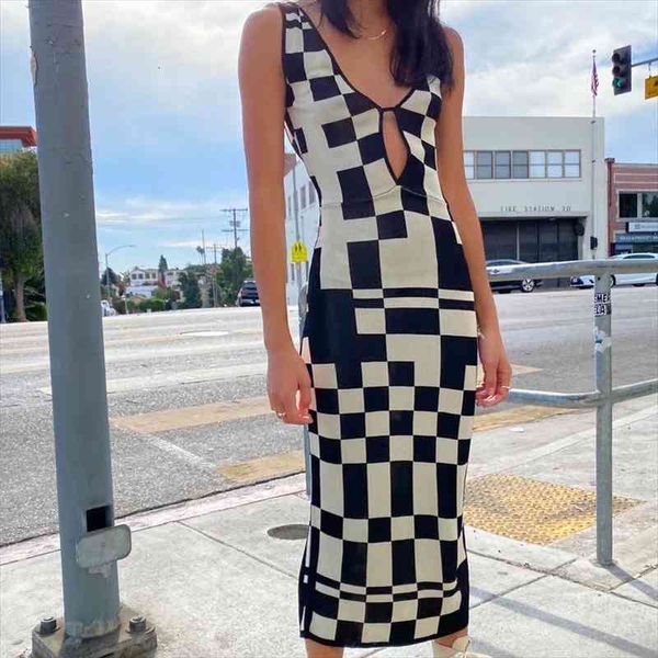 

plaid printed cut out y2k knit long dress women v neck backless bodycon tank sundress casual party dresses beachwear, Black;gray