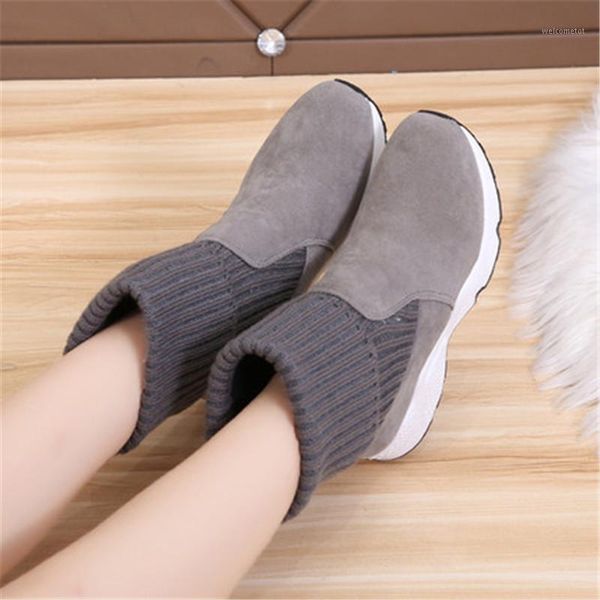 

winter fashion knitting socks sneakers stretch mid-calf boots woman suede snow shoes women fur plush platform thick botas 35-401, Black