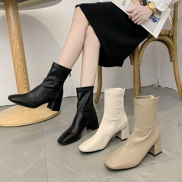 

boots shoes women's autumn luxury designer boots-women round toe high heel summer mid calf low ladies rubber mid-calf1, Black