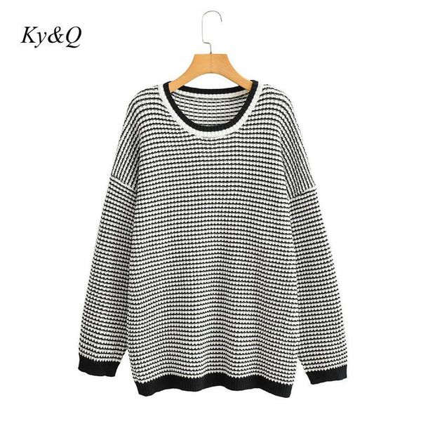 

2020 fall european women black white striped embroidery lazy pullover sweater oversize loose coat clothes, White;black