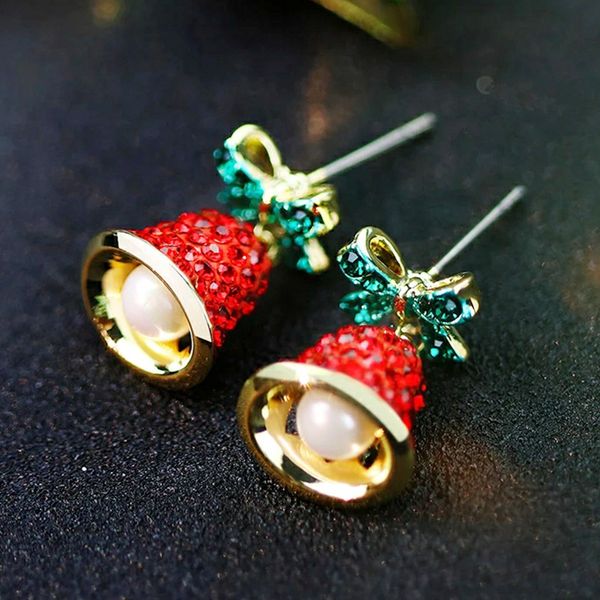 

2020 cute christmas jewelry bow bells stud earrings christmas crystal earrings gifts for women girls new year holiday jewelry, Golden;silver