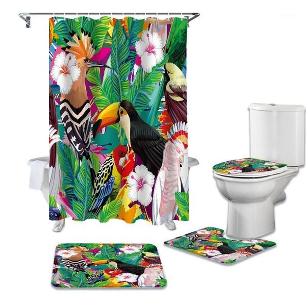 

tropical plants toucan waterproof bath shower curtain rug set non-slip bath mat toliet cover polyester shower curtain1