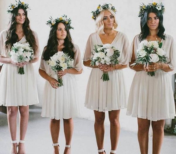

rustic country boho bridesmaid dresses a line chiffon v neck short maid of honor gowns with half sleeves pleats summer beach wedding guest p, White;pink