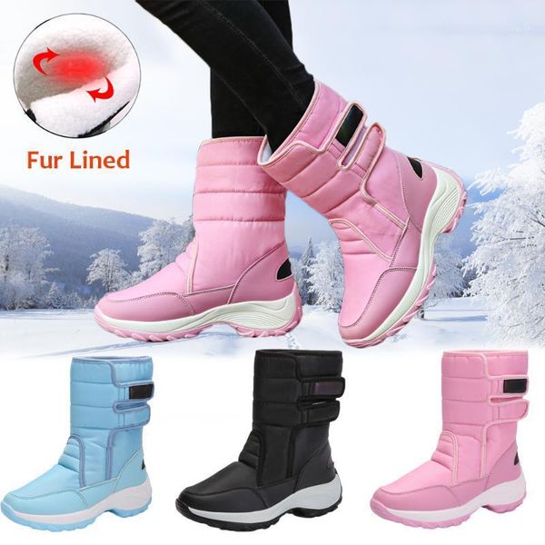 

women snow boots platform winter boots fur lined hook & loop mid-calf winter warm boot thick plush waterproof non-slip shoes d251, Black