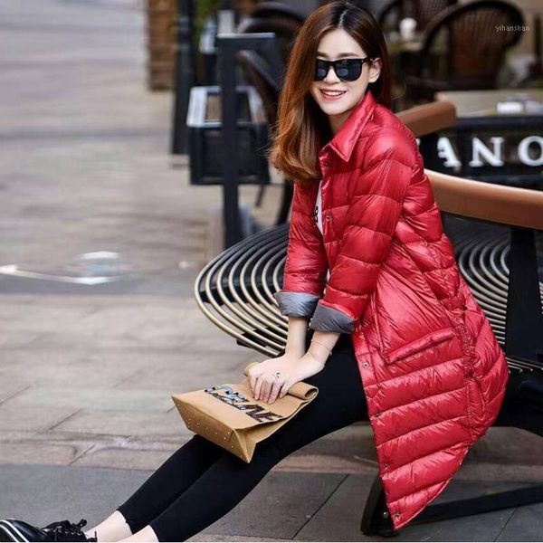 

2019 winter new fashion pocket down jacket womens medium long ultra light down jackets female casual slim stand neck overcoats1, Black