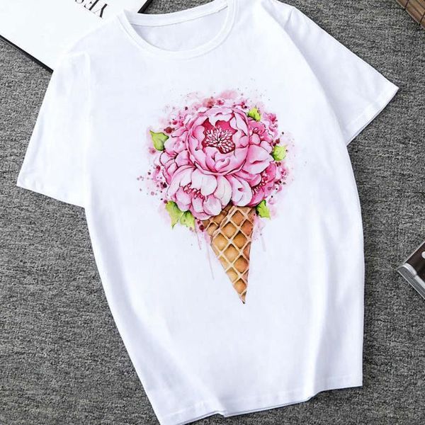 

women's t-shirt flower bouquet print casual graphic t shirt female o-neck 90s ladies girls harajuku fashion tshirt clothing, White