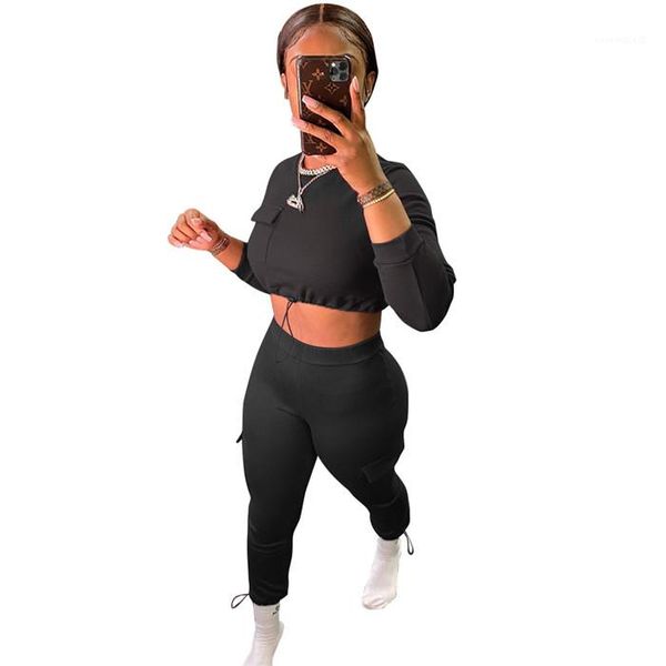 

sets pocket long sleeve crew neck srop high waist pants ladies two piece sets women sport, White