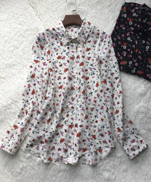 

silk blouse women floral printed two colors soft turn-down collar loose long sleeve shirt1, White