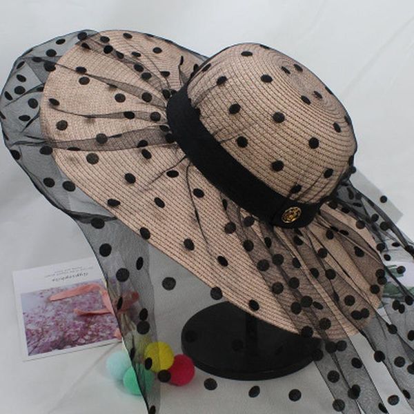 

sun hats big brim net yarn dot solid straw summer women hats elegant outdoor beach travel casual summer women, Blue;gray
