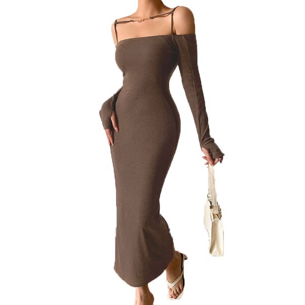 

new design sense tie one-shoulder one-piece dress long-sleeved knitted hip bag, Black;gray