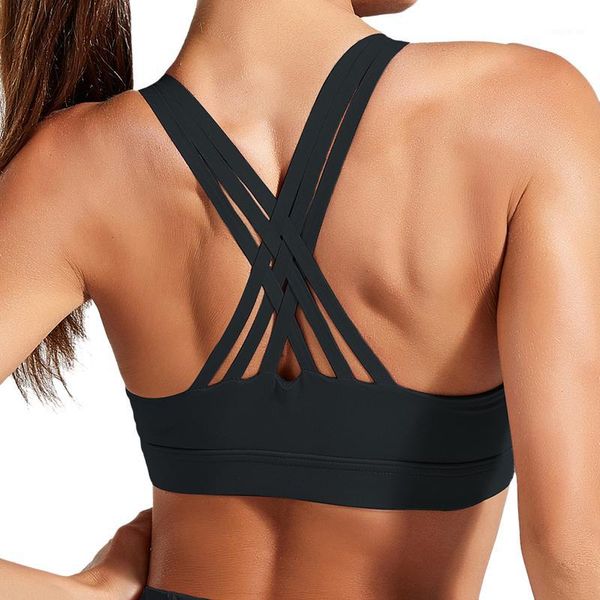 

2020 fitness sports bra for women push up solid cross back yoga running gym training workout femme padded underwear crop 1, White;black