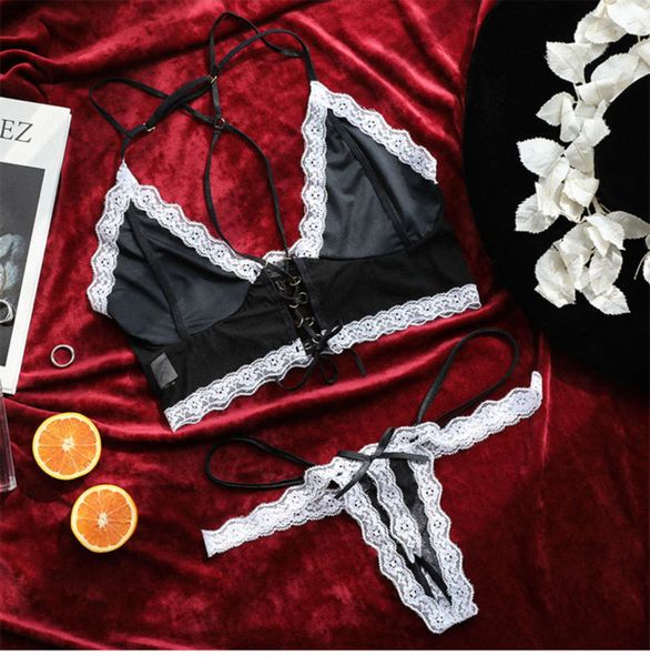 

summer new style open back hanging neck strap bracelet leg ring underwear set black maid pajamas ultra thin lace, Black;white