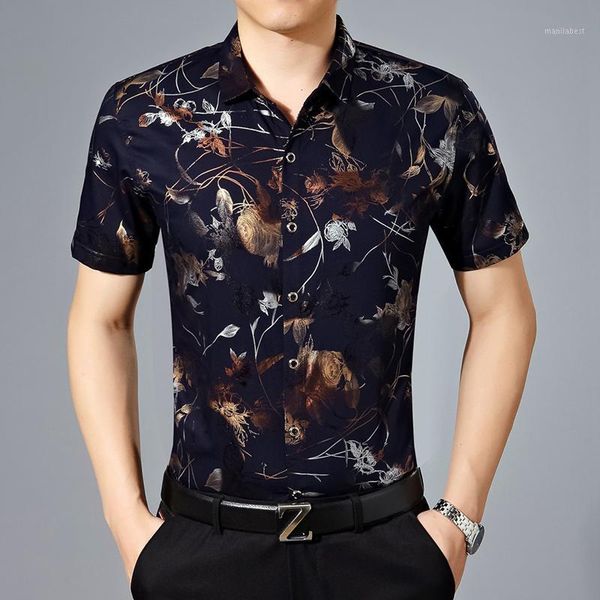 

men floral shirts 2020 summer man dress shirt short sleeve flowers shirts1, White;black
