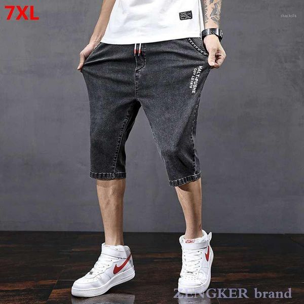 

6xl 7xl 9xl summer thin section straight tube loose elastic waist calf-lenth pants denim shorts men plus size 7 points pants1, Blue