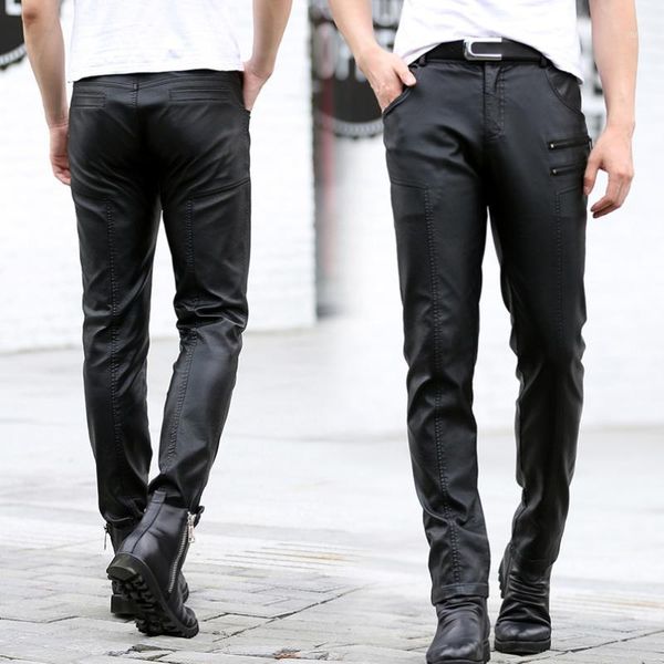 

2020 fashion men's leather pants skinny fit men faux leather pencil pants trousers with zipper black plus size kl18031