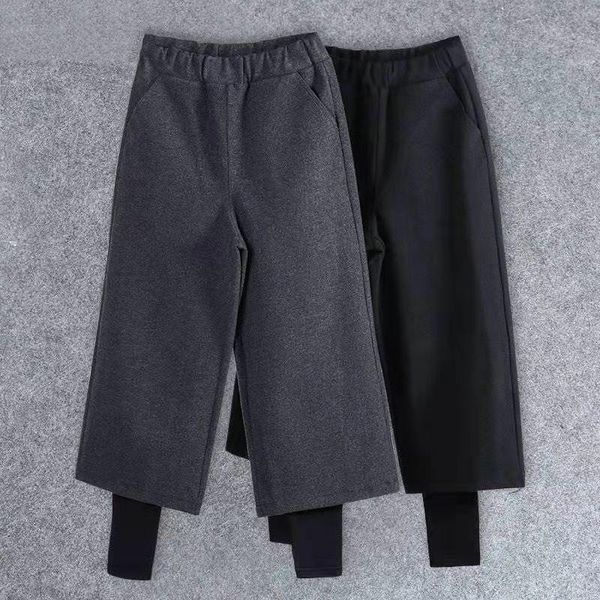 

women's pants & capris 2021 women elastic waist woolen fake two trousers thick knitted wide leg autumn winter loose y118, Black;white