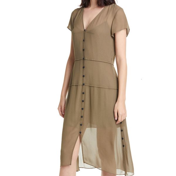 

spring/summer 2021 new with elegant short sleeve cleavage chiffon single-breasted sling dress feminine temperament 085c, Black;gray