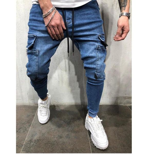 

men's jeans 2021 pants zipper pocket fit jogger casual water wash men wrinkle skinny biker pencil slim denim, Blue
