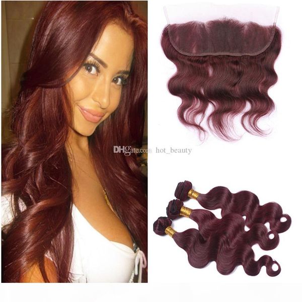 

burgundy red hair bundles with frontal closure color 99j brazilian human hair 3 bundles with lace frontal wine red body wave hair weaves, Black