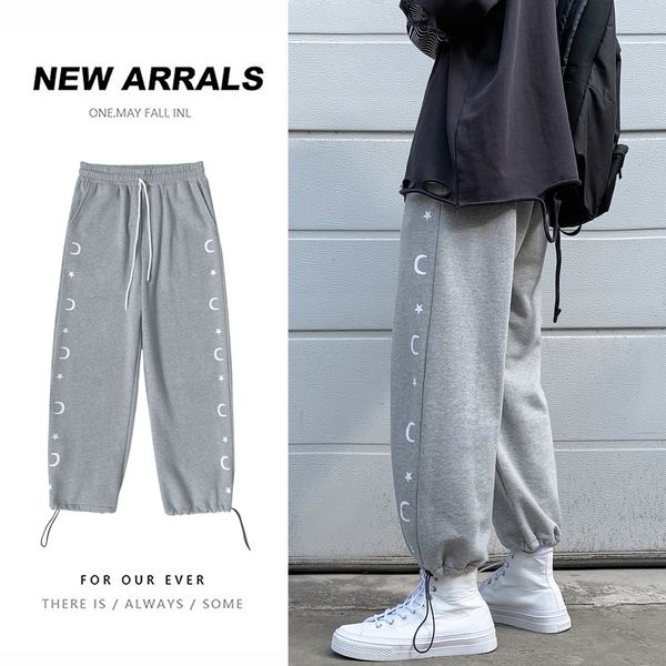 

2021 autumn sports trend loose printed bouquet foot teenage male and female casual pants 9m1c, Black