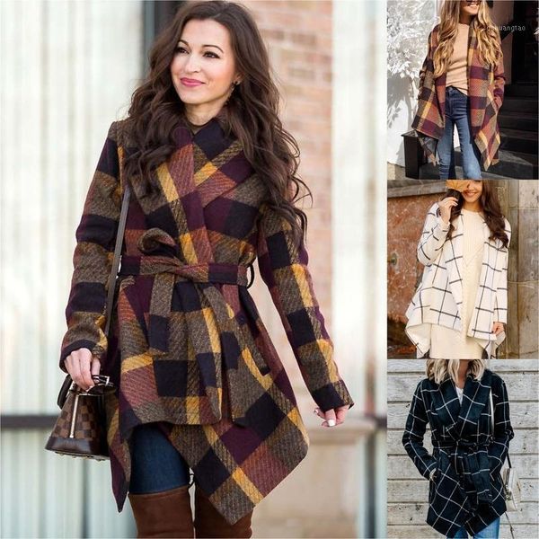 

women winter wool jackets plaid lace up slim trench coat with straps thick women long coats and jackets korean style elegant1, Black