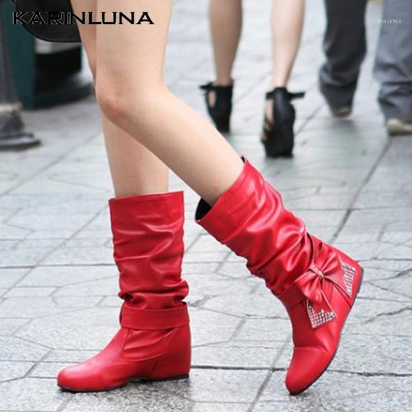 

boots plus size 47 inside high heels autumn winter sweet bow tie slip mid-calf women shoes women1, Black