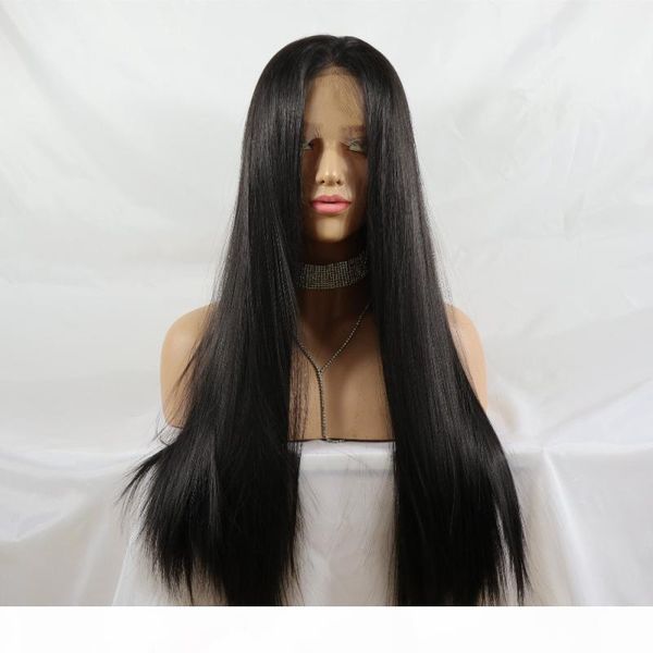 

natural looking long straight lacefront wig parting heat resistant fiber synthetic lace front dark brown wigs for women, Black;brown