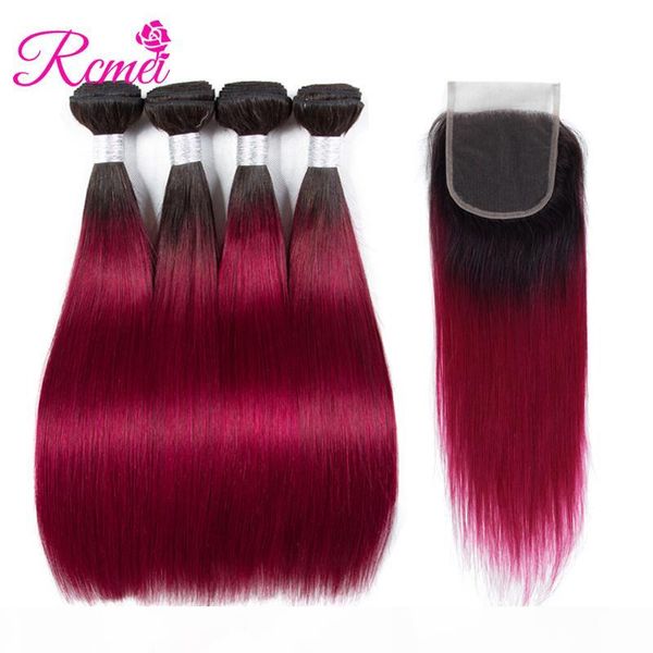 

burgundy colored hair brazilian straight bundles with closure ombre 1b burgundy 2 tone color 4 bundle with lace closure rcmei, Black;brown