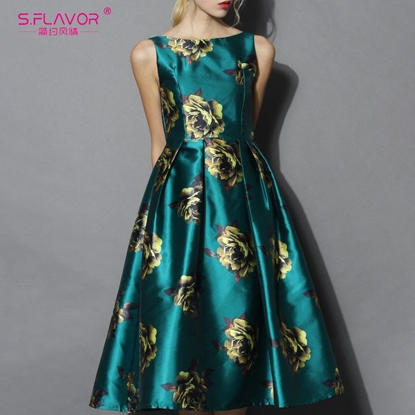 

s.flavor vintage sleeveless women midi vestidos elegant printing autumn a-line dress winter women slim retro dresses 201028, Black;gray